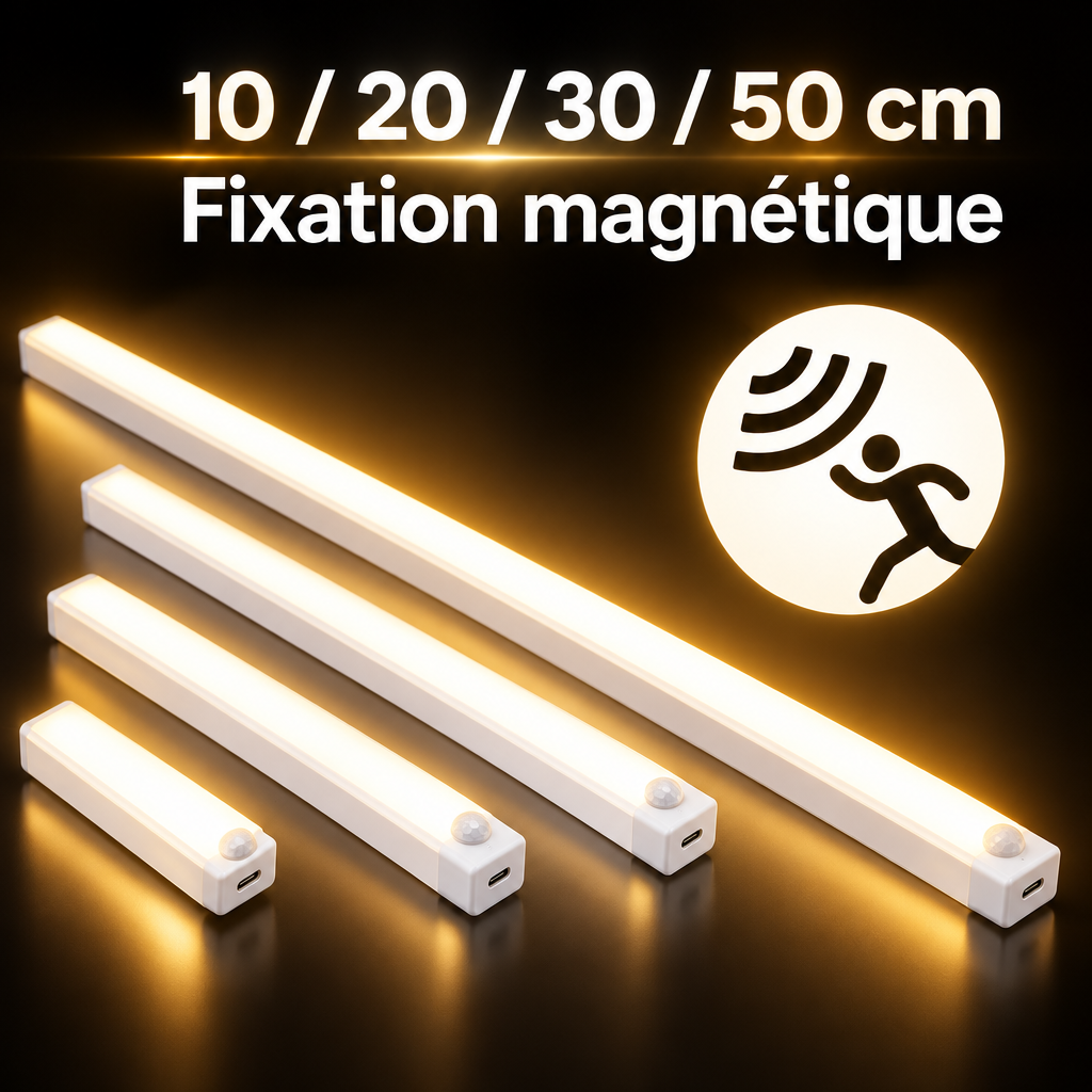 Réglette LED 10, 20, 30, 50 cm à fixation magnétique et détecteur de mouvement