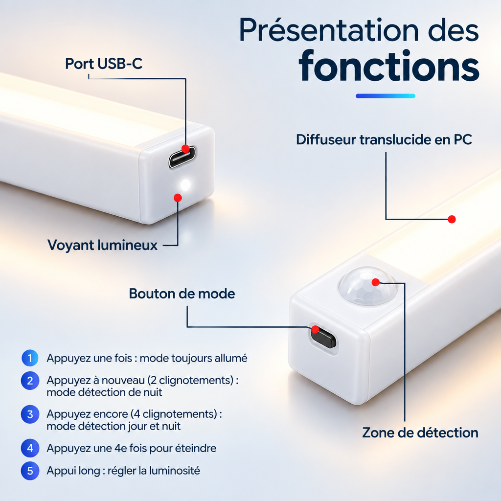 Présentation des fonctions de la réglette LED
