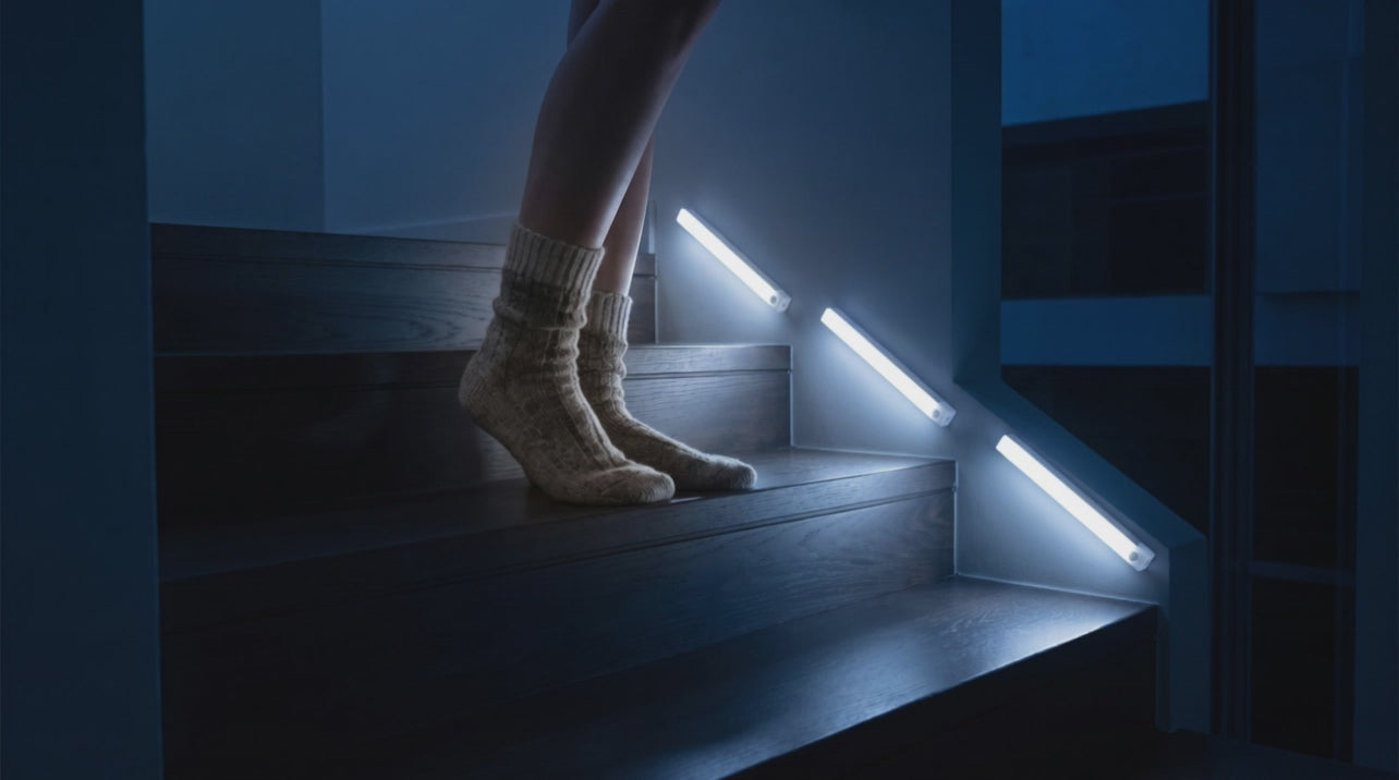 Réglette LED à détecteur de mouvement qui s'allume dans un escalier la nuit