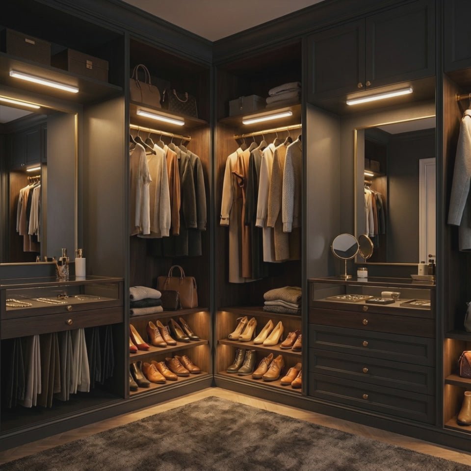 Dressing éclairé par des réglettes LED sous les étagères