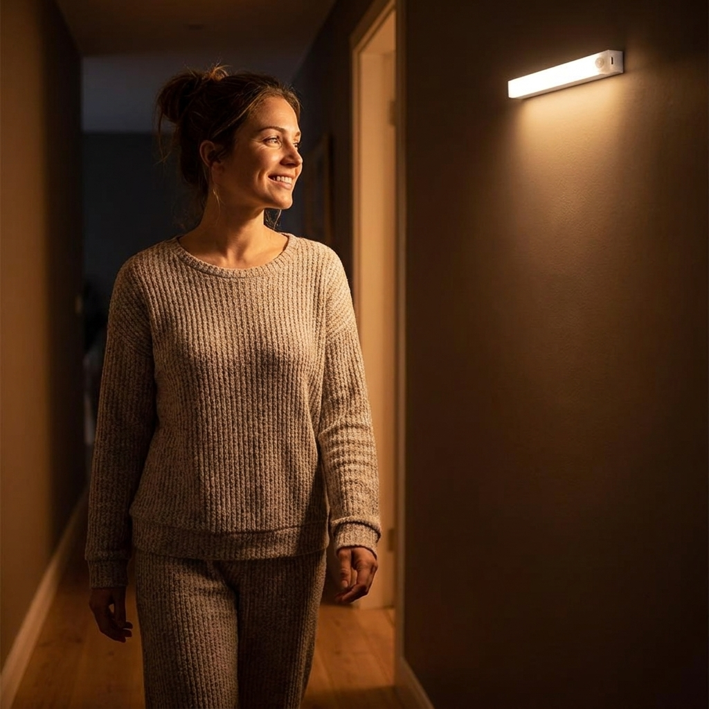 Réglette LED qui s'allume dans un couloir au passage