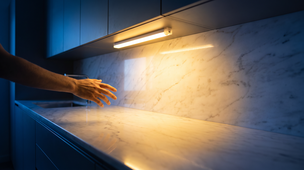 Réglette LED qui s'allume sous un meuble de cuisine la nuit