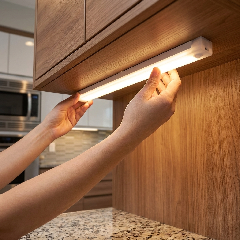 Installation magnétique d'une réglette LED sous un meuble